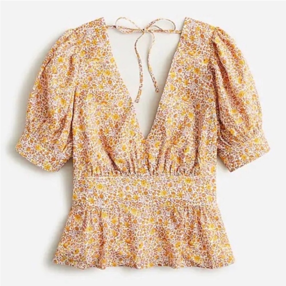 NWT J. Crew puff sleeve v-neck top in Scattered Blooms print Size 0 back zip/tie